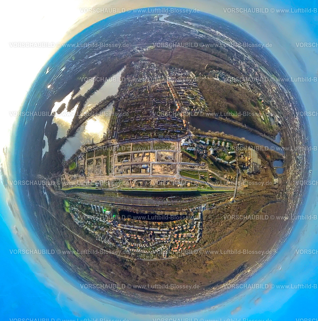 Duisburg2301fish0018WedauGEBAG-2 | Luftbild, 6-Seen-Platte, Baustelle für geplantes Duisburger Wohnquartier am ehemaligen Rangierbahnhof Wedau, Fisheye Aufnahme, Fischaugen Aufnahme, 360 Grad Aufnahme, Wedau, Duisburg, Ruhrgebiet, Nordrhein-Westfalen, Deutschland