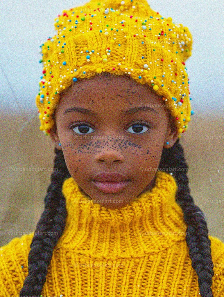 Black Girl With Yellow Pullover And Winter Hat | Featuring a young girl in a cozy yellow pullover and a beaded winter hat, this charming canvas exudes warmth and style. Ideal for adding a playful and colorful touch to any room. - Realisiert mit Pictrs.com