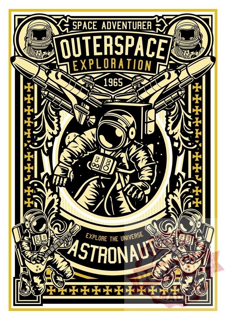 Outer space exploration astronaut vintage poster design | Astronaut exploring space with rockets in vintage retro style illustration - Realisiert mit Pictrs.com