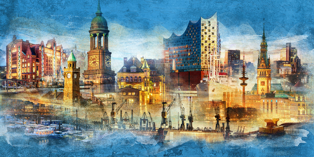 10240303 - Hamburg Lichter der Stadt II | Nach unserer beliebten Collage "Lichter der Stadt" haben wir hier erneut eine Hamburg Collage in strahlendem blau zusammengestellt.