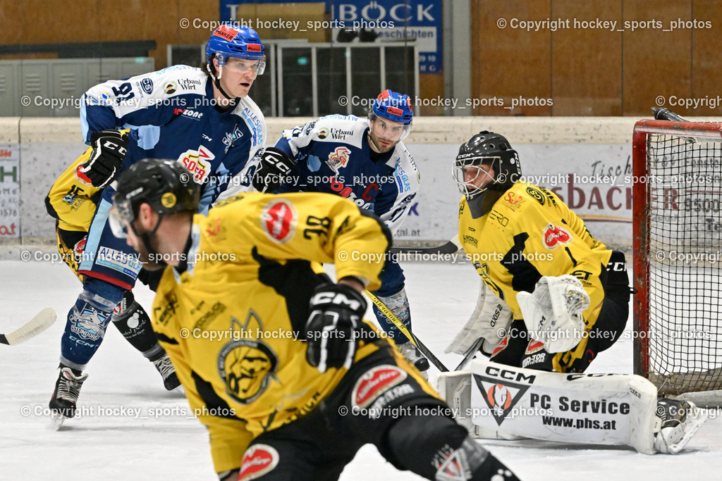 EC Hornets Spittal vs. ESC Steindorf 23.2.2024 | #91 Kravania Kristian ESC Steindorf, #57 Wilfan Franz ESC Steindorf, #1 Zauchner Rene EC Hornets Spittal, EC Hornets Spittal vs. ESC Steindorf 23.2.2024, EC Hornets Spittal vs. ESC Steindorf 23.2.2024 am 23.02.2024 in Spittal an der Drau (Eissportzentrum Spittal), Austria, (Photo by Bernd Stefan)