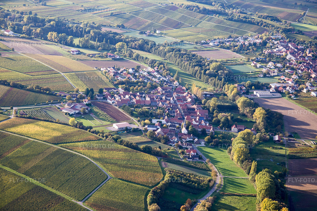Luftbild: Ortsansicht im Ortsteil Mühlhofen in Billigheim-Ingenheim im Bundesland Rheinland-Pfalz in Deutschland. Foto: IMG_074628.jpg vom 14.10.2014 durch Werner Riehm/FLY-FOTO.de