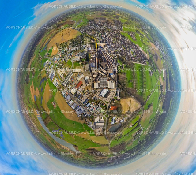 Isselburg240390161GewerbegebietIndustriestrasse | Luftbild, Gewerbegebiet Industriestraße und Ortsansicht, Erdkugel, Fisheye Aufnahme, Fischaugen Aufnahme, 360 Grad Aufnahme, tiny world, little planet, fisheye Bild, Anholt, Isselburg, Nordrhein-Westfalen, Deutschland