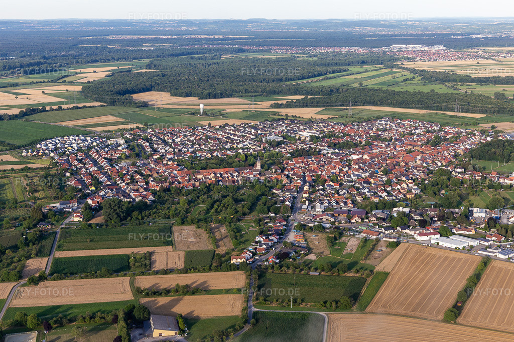 Luftbild:  im Ortsteil Liedolsheim in Dettenheim im Bundesland Baden-Württemberg in Deutschland. – Foto: IMG_133421.jpg vom 12.07.2022 durch Werner Riehm/FLY-FOTO.de – Auflösung des Originals: 5472 x 3648 px – Logo der Hirsch & Wölfl GmbH