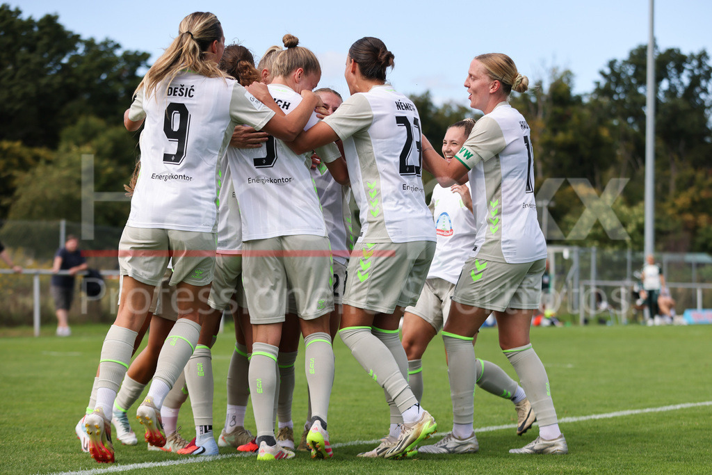Fussball, Testspiel Frauen, TSG 1899 Hoffenheim - SV Werder Bremen | Spielerinnen des SV Werder Bremen mit Torjubel, Jubel, jubeln, jubelt, optimistisch, Spielszene, Highlight, Freude über das Tor