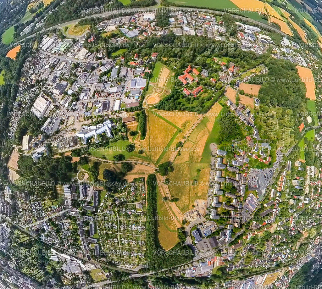 Witten230790038_Pferdebachtal-2 | Luftbild, Wiesenfläche im Pferdebachtal mit Universität Witten/Herdecke und Christopherus-Hof Wohn- und Lebensgemeinschaft, Gewerbegebiet Liegnitzer Straße, Erdkugel, Fisheye Aufnahme, Fischaugen Aufnahme, 360 Grad Aufnahme, tiny world, Annen, Witten, Ruhrgebiet, Nordrhein-Westfalen, Deutschland