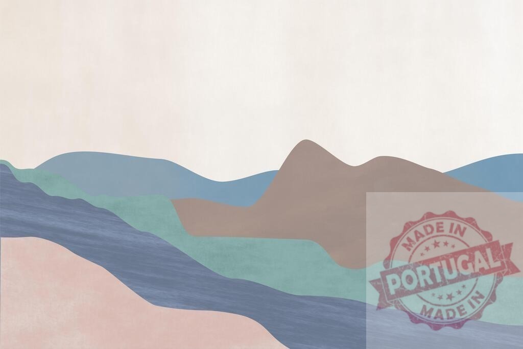 Abstract mountains landscape with flowing river in serene pastel colors | Abstract mountains and river creating a serene landscape with minimalist pastel colors - Realisiert mit Pictrs.com