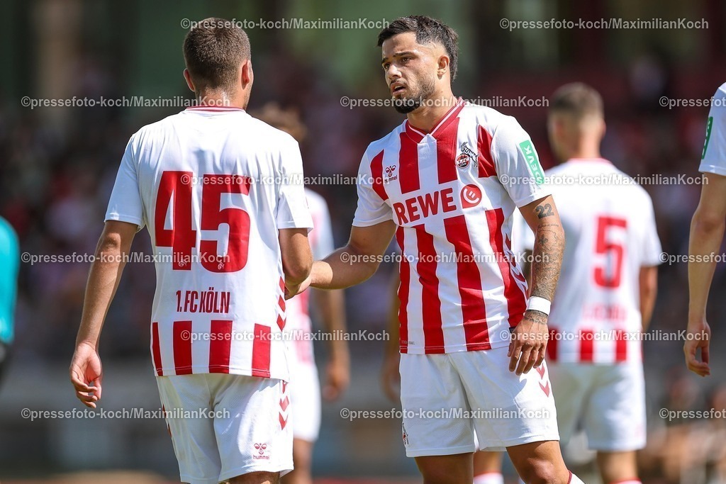 1FC12072501293 | 12.07.2025, Fußball, SV Bergisch Gladbach 09 - 1. FC Köln, Testspiel, BELKAW-Arena, Saison 2025 2026: Etienne Borie (1. FC Koeln #45) Jusuf Gazibegovic (1.FC Koeln #25) DFB regulations prohibit any use of photographs as image sequences and or quasi-video.