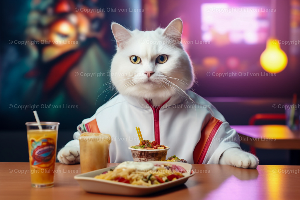 sportliche Katze im Restaurant | Katzen beim fressen