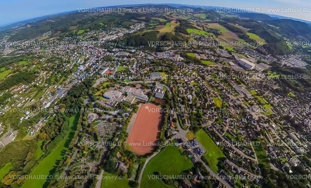 Sundern230990224Schulberg | Luftbild, Schulberg mit Sportplatz Hoher Weg, Schulzentrum Sundern, Erdkugel, Fisheye Aufnahme, Fischaugen Aufnahme, 360 Grad Aufnahme, tiny world, Sundern, Sundern, Sauerland, Nordrhein-Westfalen, Deutschland