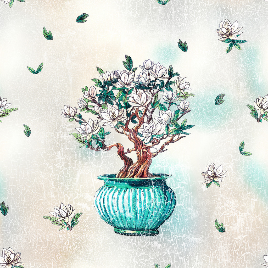 158 d Muster Magnolie D | Endlos Muster zeigt einen Bonsai Magnolien Baum in einem türkisen Blumentopf vor alter Farbschicht, die einreißt. Das Bild wirkt verwittert.