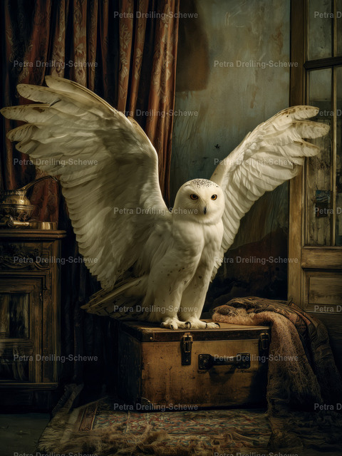 Snowy Owl | A satin-finish stretched canvas that brings a quiet, magical moment into your living space. The artwork’s soft, luminous colors and museum-style depth make it feel like a window into a cozy, storybook room where an elegant white barn owl has just landed. Textured satin polyester keeps tones rich and slightly luminous, while the wrapped wooden frame and metallic mounts give a refined, ready-to-hang presentation. Hung above a reading nook, hallway table, or study, this canvas adds a touch of wonder and antique charm without overwhelming the room. - Realisiert mit Pictrs.com