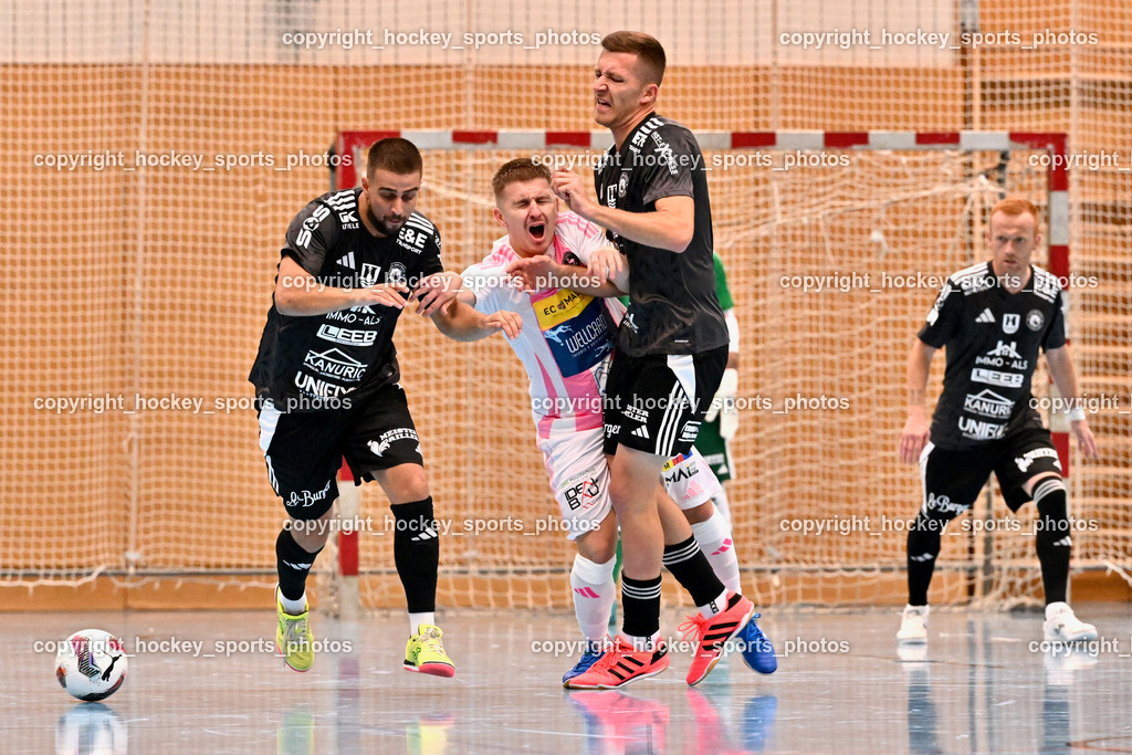 Carinthia Flamengo Futsal Club vs. FC Ljuti Krajisnici | #4 Beldin Duric FC Ljuti Krajisnici, #32 Smajl Delic Carinthia Flamengo, #11 Kenan Ramic FC Ljuti Krajisnici, #27 Adnan Hodzic FC Ljuti Krajisnici, Carinthia Flamengo Futsal Club vs. FC Ljuti Krajisnici, Carinthia Flamengo Fusal Club vs. FC Ljuti Krajisnici am 12.10.2025 in Klagenfurt (Ballspielhalle Viktring), Austria, (Photo by Bernd Stefan)