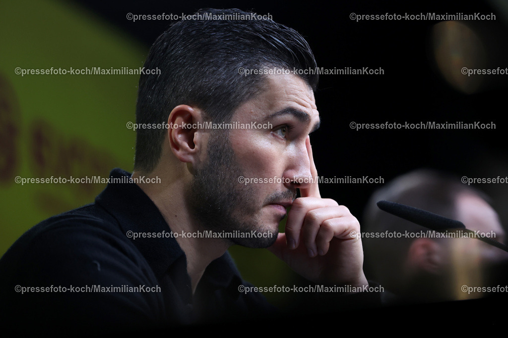 BVB15122401140 | 15.12.2024, Fußball, Borussia Dortmund - TSG 1899 Hoffenheim, 1. Fußball Bundesliga, 14. Spieltag, Signal Iduna Park, Saison 2024 2025: Pressekonferenz mit den Trainern nach dem Spiel - Trainer Nuri Sahin (Cheftrainer BVB) sichtlich unzufrieden mit der Leistung DFB regulations prohibit any use of photographs as image sequences and or quasi-video.