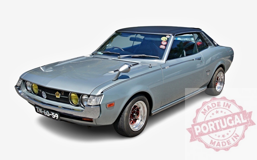 Toyota Celica ST Coupe posing in a studio setting | Classic silver Toyota Celica ST Coupe from the 1970s showcased on a white background - Realized with Pictrs.com