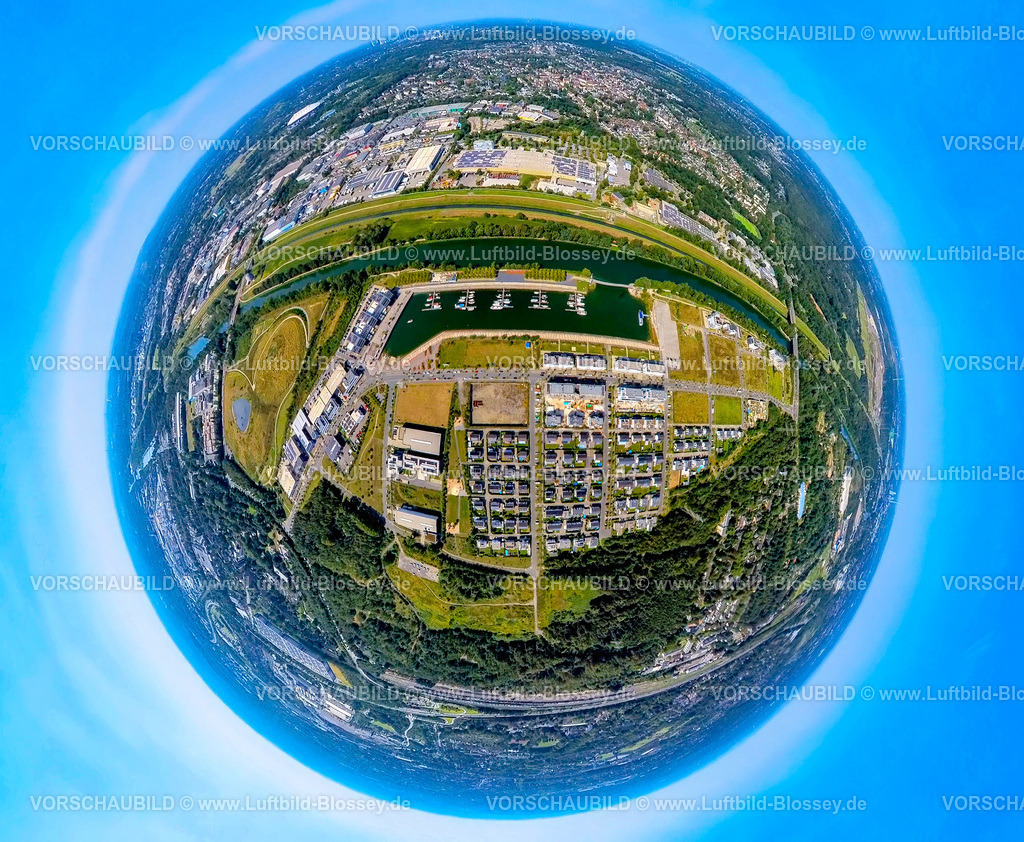 Gelsenkirchen240890576Emscher_GrafBismarckMarina | Luftbild, neues Stadtquartier Graf Bismarck Wohnanlage und Stölting Marina Yachthafen am Rhein-Herne-Kanal und Fluss Emscher, Erdkugel, Fisheye Aufnahme, Fischaugen Aufnahme, 360 Grad Aufnahme, tiny world, little planet, fisheye Bild, Bismarck, Gelsenkirchen, Ruhrgebiet, Nordrhein-Westfalen, Deutschland