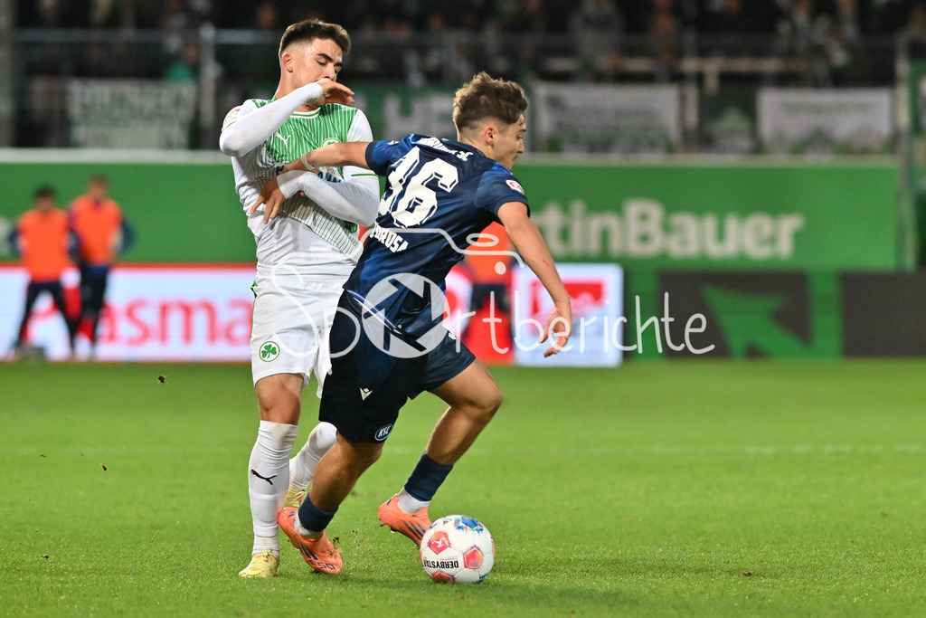 SpVgg Greuther Fürth - Karlsruher SC | FUERTH, GERMANY - OCTOBER 24: Rafael PINTO PEDROSA (Karlsruher SC 36) against Aaron KELLER (SpVgg Greuther Fuerth 16) during the 2. bundesliga match between SpVgg Greuther Fuerth vs. Karlsruher SC on matchday 10 at Sportpark Ronhof Thomas Sommer on October 24, 2025 in Fuerth, Germany / DFL REGULATIONS PROHIBIT ANY USE OF PHOTOGRAPHS AS IMAGE SEQUENCES AND/OR QUASI-VIDEO