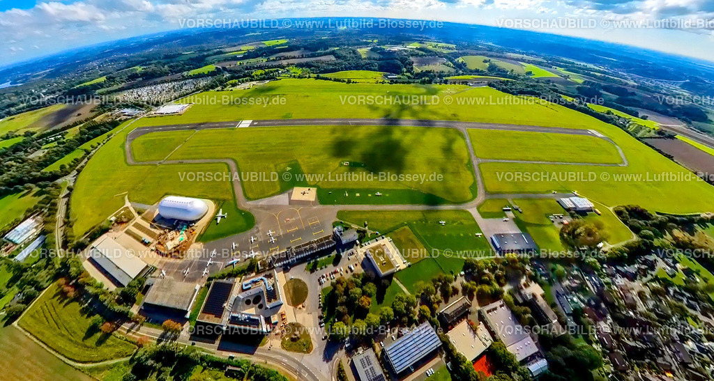 Essen241090026FlughafenEssenMuelheim | Luftbild, Flughafen Essen/Mülheim mit Startbahn und Landebahn, Zeppelinhalle und Flugzeuge, Erdkugel, Fisheye Aufnahme, Fischaugen Aufnahme, 360 Grad Aufnahme, tiny world, little planet, fisheye Bild, Holthausen - Südost, Mülheim an der Ruhr, Ruhrgebiet, Nordrhein-Westfalen, Deutschland