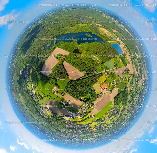 Bottrop230520077KirchhelleHeidesee | Luftbild, Heidesee in der Kirchheller Heide, Erdkugel, Fisheye Aufnahme, Fischaugen Aufnahme, 360 Grad Aufnahme, Kirchhellen-Süd, Bottrop, Ruhrgebiet, Nordrhein-Westfalen, Deutschland
