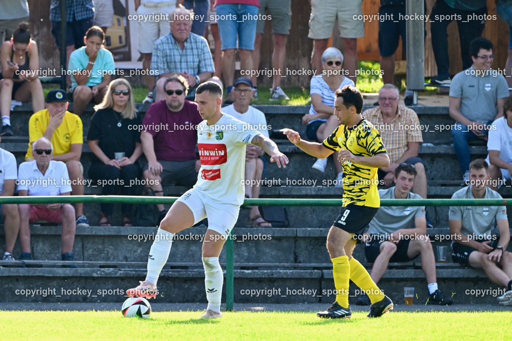 FC Faakersee vs. Rapid Lienz  | #19 Gal Zinic Rapid Lienz, #9 Thomas Unterguggenberger FC Faakersee, FC Faakersee vs. Rapid Lienz , FC Faakersee vs. Rapid Lienz  am 04.08.2024 in Faakersee (Sportplatz Faakersee), Austria, (Photo by Bernd Stefan)