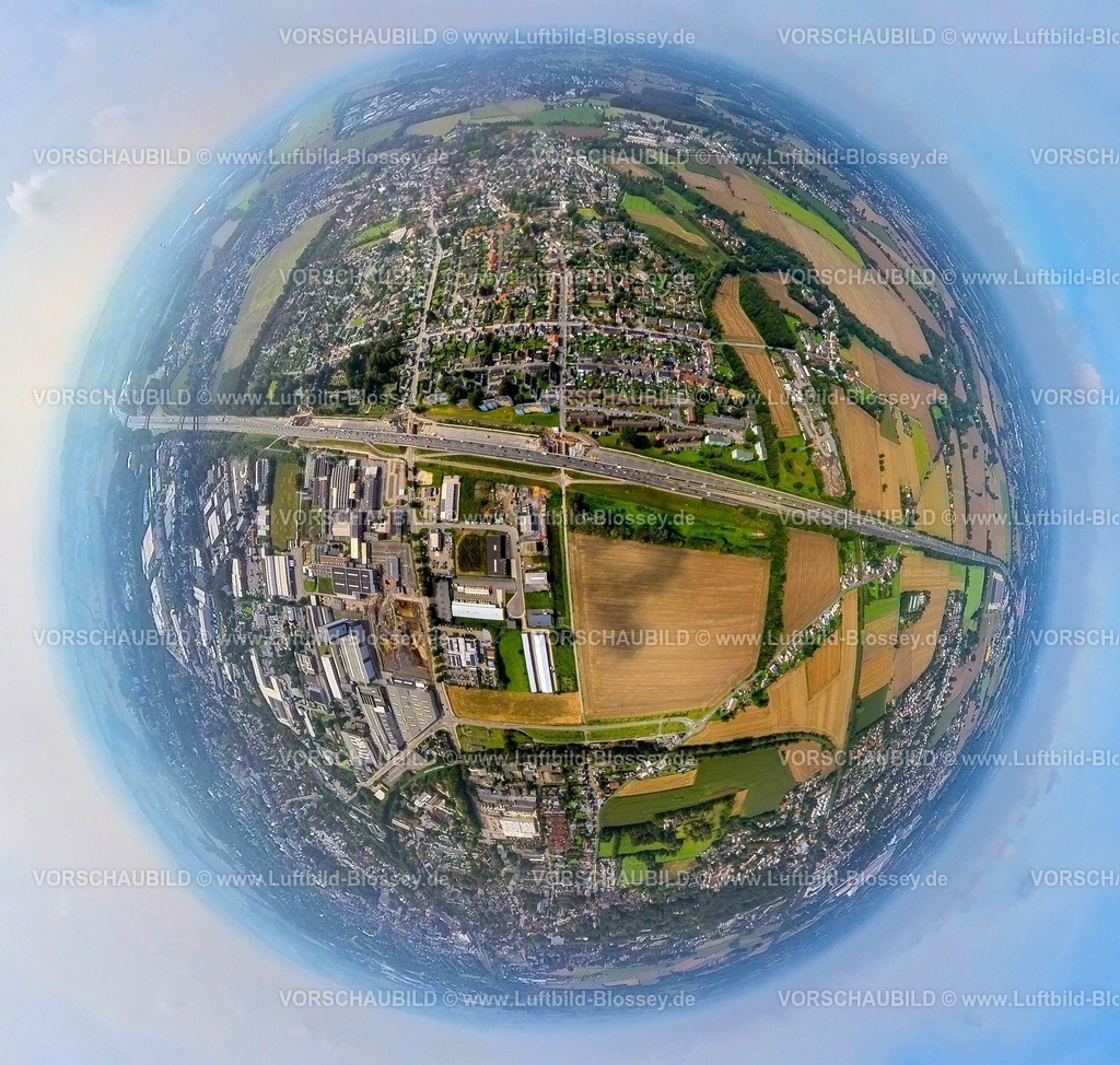 Unna230990096 A1 Massen | Luftbild, Ortsansicht Ortsteil Massen, Bauarbeiten auf der Autobahn A1, Erdkugel, Fisheye Aufnahme, Fischaugen Aufnahme, 360 Grad Aufnahme, tiny world, Unna, Ruhrgebiet, Nordrhein-Westfalen, Deutschland