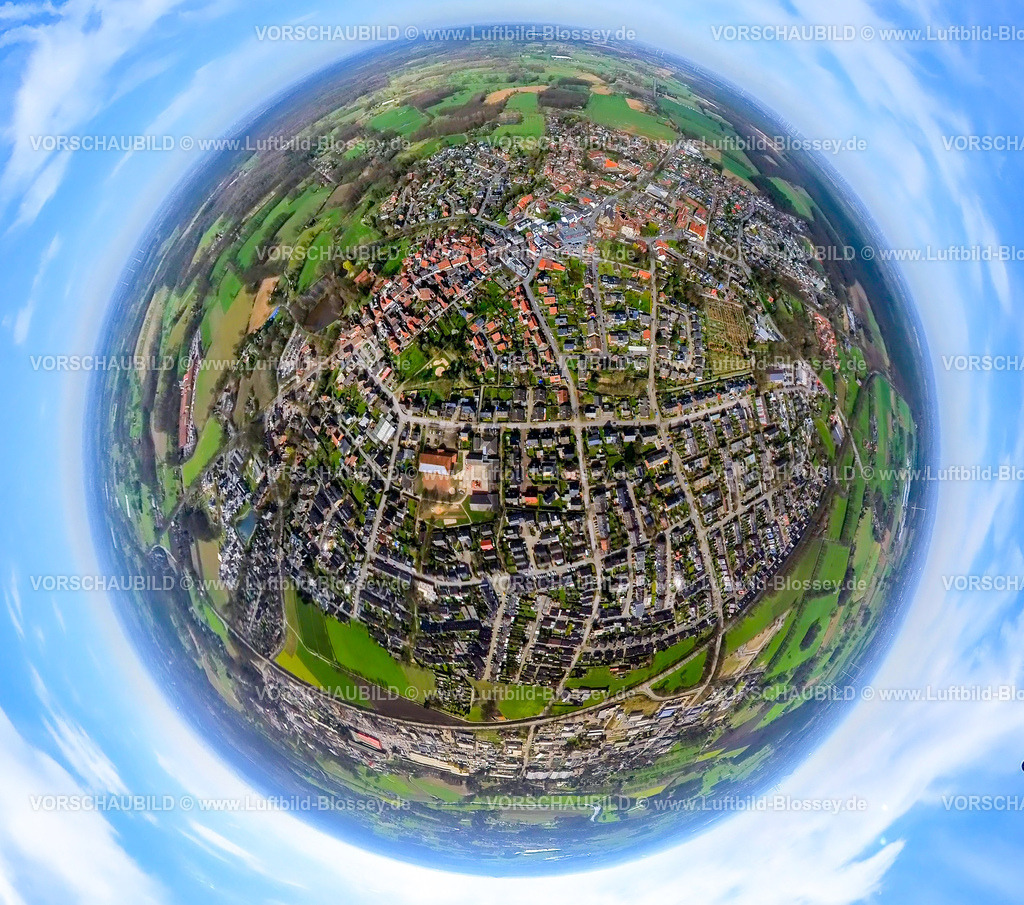 Schermbeck240390050Mitte | Luftbild, Wohngebiet Ortsansicht Stadtmitte von Schermbeck Erdkugel, Fisheye Aufnahme, Fischaugen Aufnahme, 360 Grad Aufnahme, tiny world, little planet, fisheye Bild, Schermbeck, Nordrhein-Westfalen, Deutschland