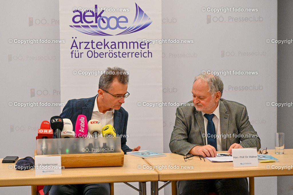 Pressekonferenz Aerztekammer für Ooe_ Neue Formen der Finanzierung im Gesundheitssystem_ 03.01.2023-20 | 03.01.2023, Presseclub Linz, AUT, Pressekonferenz Aerztekammer für Ooe, Neue Formen der Finanzierung im Gesundheitssystem, im Bild Peter Niedermoser (Praesident der Ooe-Aerztekammer), Felix Wallner (Kammeramtsdirektor der Ooe-Aerztekammer)