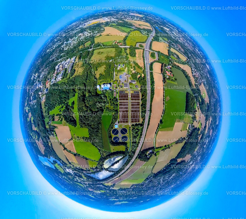 Bochum240890841Oelbach_A43 | Luftbild, Kläranlage Bochum-Ölbachtal, Autobahn A43 und Anschlussstelle Witten-Heven, Wiesen und Felder, Erdkugel, Fisheye Aufnahme, Fischaugen Aufnahme, 360 Grad Aufnahme, tiny world, little planet, fisheye Bild, Querenburg, Bochum, Ruhrgebiet, Nordrhein-Westfalen, Deutschland