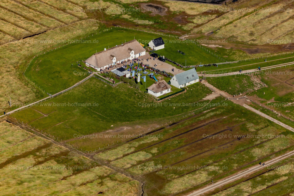 PLB_3724mod_HH-Hallig | LUFTBILD. Hamburger Hallig - Restaurant " Hallig-Krog " mit sommerlicher Außen- Gastronomie auf der Warft. - Realisiert mit Pictrs.com
