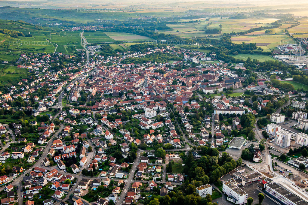Aerial view: View of the town from the south in Molsheim in the state Bas-Rhin, France. – Photo: IMG_138000.jpg taken on 08/19/2023 by Werner Riehm/FLY-FOTO.com – Resolution of the original: 4993 x 3329 px