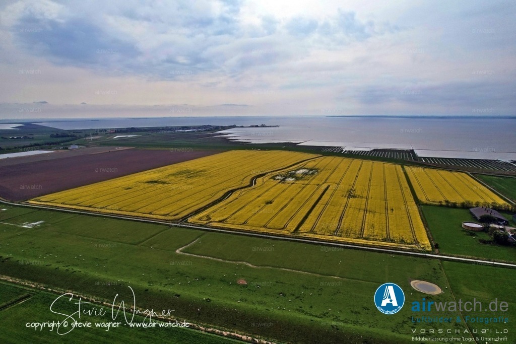 Luftbilder Galmsbuellkoog - Nordfriesland | Luftbilder Galmsbuellkoog - Die topografischen Gegebenheiten im Galmsbüllkoog hatten einen bedeutenden Einfluss auf die Deichbauweise. Das Gelände des Koogs ist Teil der Nordfriesischen Marsch, einer flachen, niedriggelegenen Region an der Nordseeküste. Die Marsch ist anfällig für Sturmfluten und Überflutungen, was die Notwendigkeit eines effektiven Deichschutzes unterstrich.
