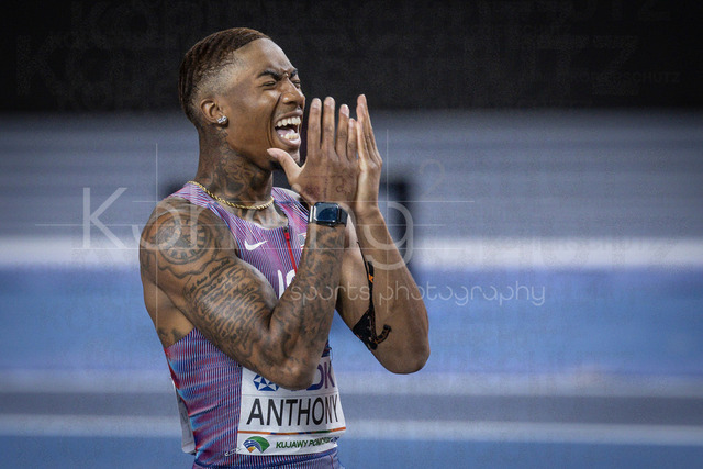 World Athletics Indoor Championships Kujawy Pomorze 26, 20.03.2026 | TORUN, POLAND - MARCH 20:  Jordan ANTHONY (USA) celebrates his GOLD in the 60m during the World Athletics Indoor Championships Kujawy Pomorze 26 on day 1 / session 2 at Kujawsko-Pomorska Arena Torun on March 20, 2026 in Torun, Poland. 