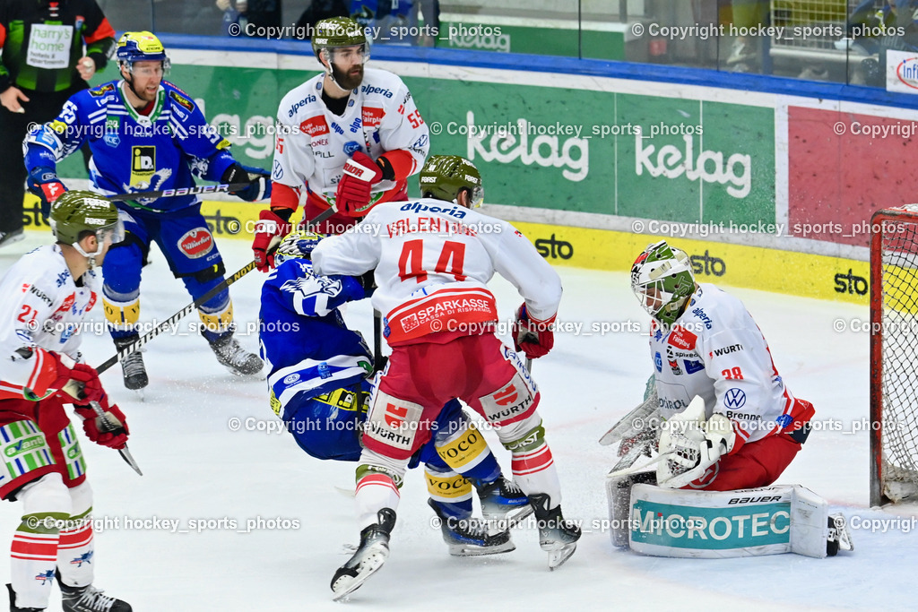 EC VSV vs. HC Bozen 16.2.2024 | #38 Harvey Sam, #44 Valentine Scott, #16 Kevin Hancock,  #55 Vandane Davis, #55 SABOLIC Robert,  EC VSV vs. HC Bozen 16.2.2024, EC VSV vs. HC Bozen 16.2.2024 am 16.02.2024 in Villach (Stadthalle Villach), Austria, (Photo by Bernd Stefan)