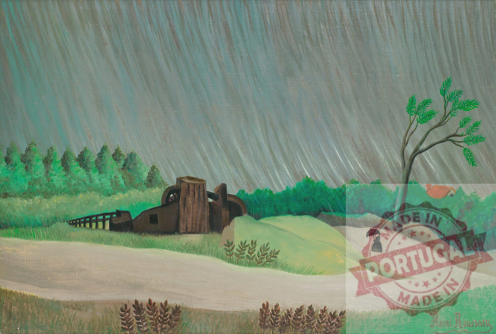 Henri Rousseau naive art landscape painting during rain storm. Henri Rousseau | Woman with an umbrella walking on a path in a naive landscape during a heavy rainstorm - Realisiert mit Pictrs.com