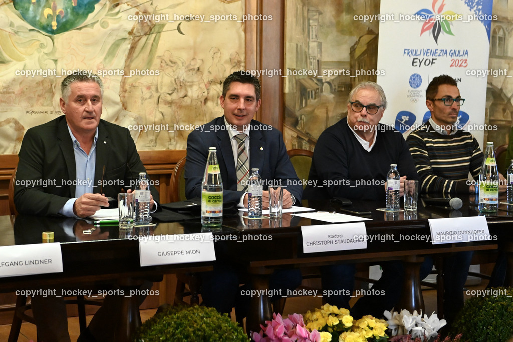 European Youth Olympic Festival EYOF 2023 Pressekonferenz | Giuseppe Mion, Stadtrat Spittal an der Drau Christoph Staudacher, Maurizio Dunnhofer, Stefano Mazzolini