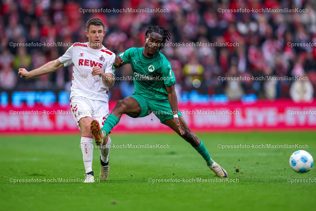 Koe09112402168 | 09.11.2024, 1. FC Köln - SpVgg Greuther Fürth, 2. Fußball Bundesliga, RheinEnergieSTADION, Saison 2024 2025: Dominique Heintz (1.FC Köln #3) im Zweikampf gegen Noel Futkeu (Greuther Fürth #9)DFB regulations prohibit any use of photographs as image sequences and or quasi-video.