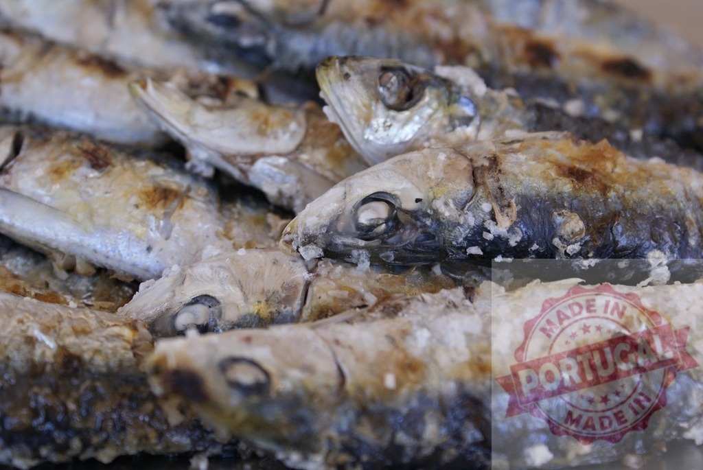 Grilled sardines cooking with sea salt on barbecue | Grilled sardines with cooking salt on a barbecue grill - Realisiert mit Pictrs.com