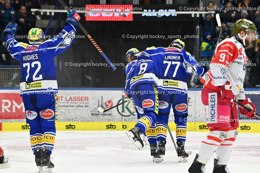 EC IDM WÄRMEPUMPEN VSV vs. HCB Südtirol Alperia | Jubel EC VSV Mannschaft, #72 John Hughes EC VSV, #8 Maximilian Rebernig EC VSV, #77 Philipp Lindner EC VSV, #93bEC IDM WÄRMEPUMPEN VSV vs. HCB Südtirol Alperia, EC IDM WÄRMEPUMPEN VSV vs. HCB Südtirol Alperia am 28.12.2025 in Villach (Stadthalle Villach), Austria, (Photo by Bernd Stefan)