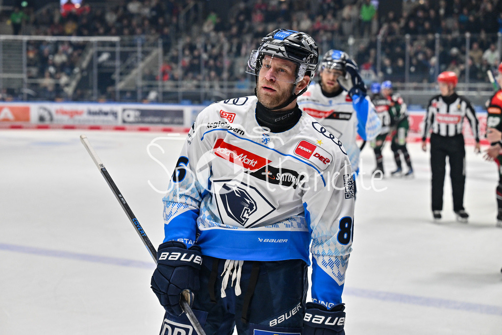 Augsburger Panther - ERC Ingolstadt | Jubel der Gaeste nach dem Treffer zum 1-1 druch Daniel PIETTA (ERC Ingolstadt #86) / Freude / Happy / Tor / Torschuetze / DEL: Augsburger Panther - ERC Ingolstadt, Curt Frenzel Stadion am 26.01.2025