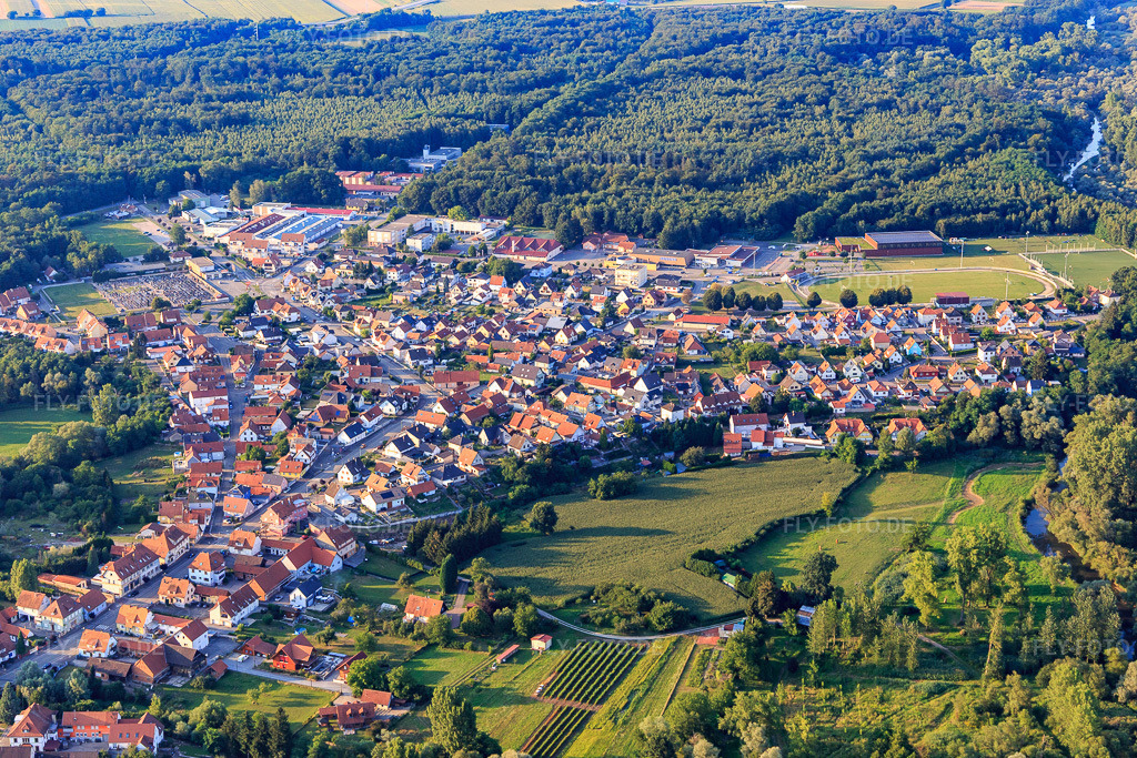 Luftbild: Ortsansicht aus Süden in Seltz im Bundesland Bas-Rhin in Frankreich. – Foto: IMG_109161.jpg vom 25.07.2018 durch Werner Riehm/FLY-FOTO.de – Auflösung des Originals: 5472 x 3648 px