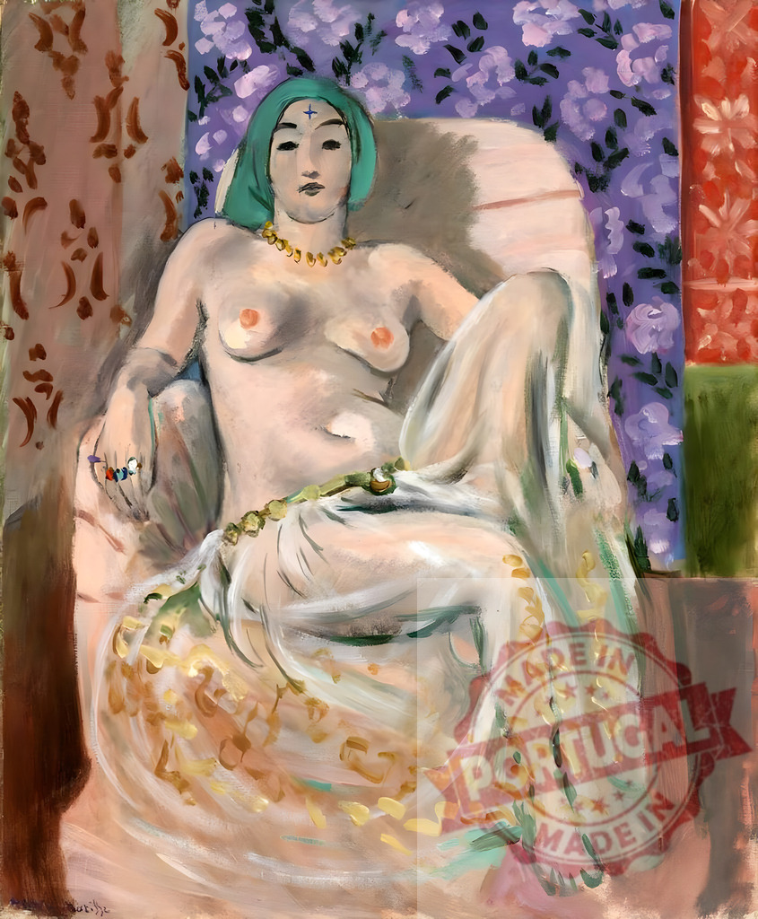 Henri Matisse fauvist painting showing reclining odalisque. Henri Matisse | Reclining odalisque in an expressive fauvist painting with vibrant patterns - Realized with Pictrs.com
