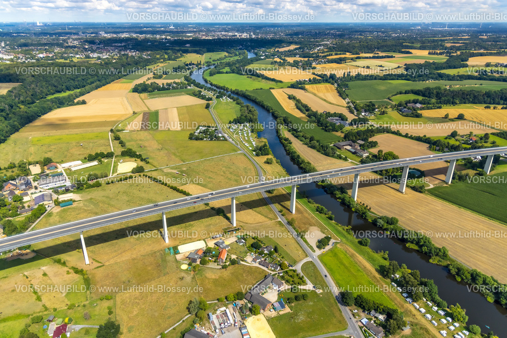 Muelheim220802793 | Luftbild, Mintarder Ruhrtalbrücke über den Fluss Ruhr, Autobahn A52, Campingplätze, Saarn, Mülheim an der Ruhr, Ruhrgebiet, Nordrhein-Westfalen, Deutschland