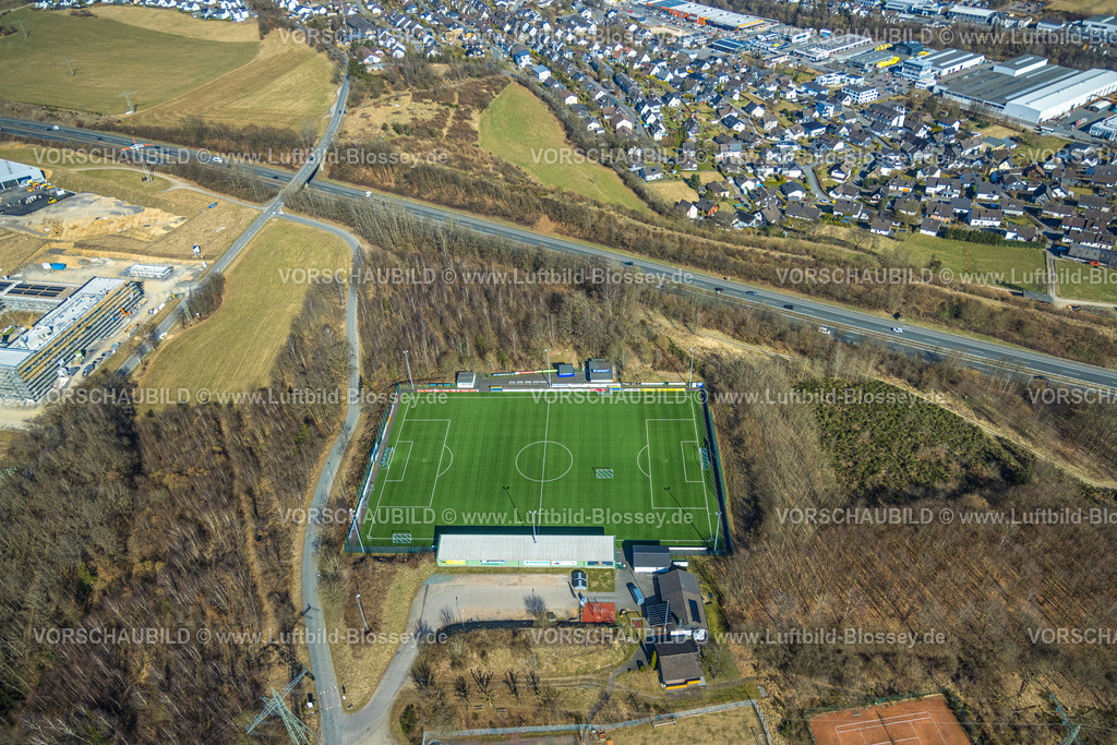 Olpe250307821Mitte | Luftbild, Fußballstadion Sportplatz VfR Rüblinghausen, Autobahn A45, Dahl, Olpe, Sauerland, Nordrhein-Westfalen, Deutschland