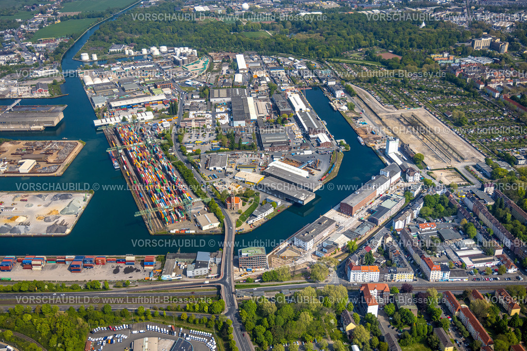 Dortmund220500806DortmunderHafen | Luftbild vom Dortmunder Hafen mit Speicherstraße und Kanalstraße, e-port-dortmund, Dortmund-Ems-Kanal, Containerhafen,  Hafen, Dortmund, Ruhrgebiet, Nordrhein-Westfalen, Deutschland 