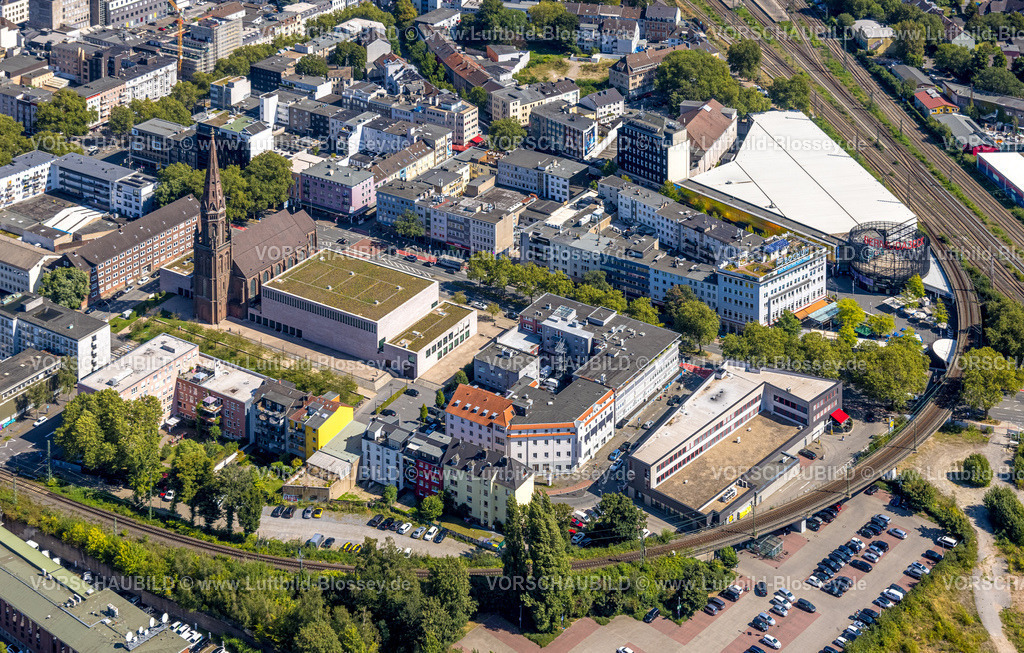 Bochum240816730 | Luftbild, Bermudadreieck, Bermuda3Eck, Wohngebiet und Geschäftsviertel, Ehemalige St. Marien Kirche historische Sehenswürdigkeit, Musikforum Ruhr, Gleisdreieck, Bochum, Ruhrgebiet, Nordrhein-Westfalen, Deutschland