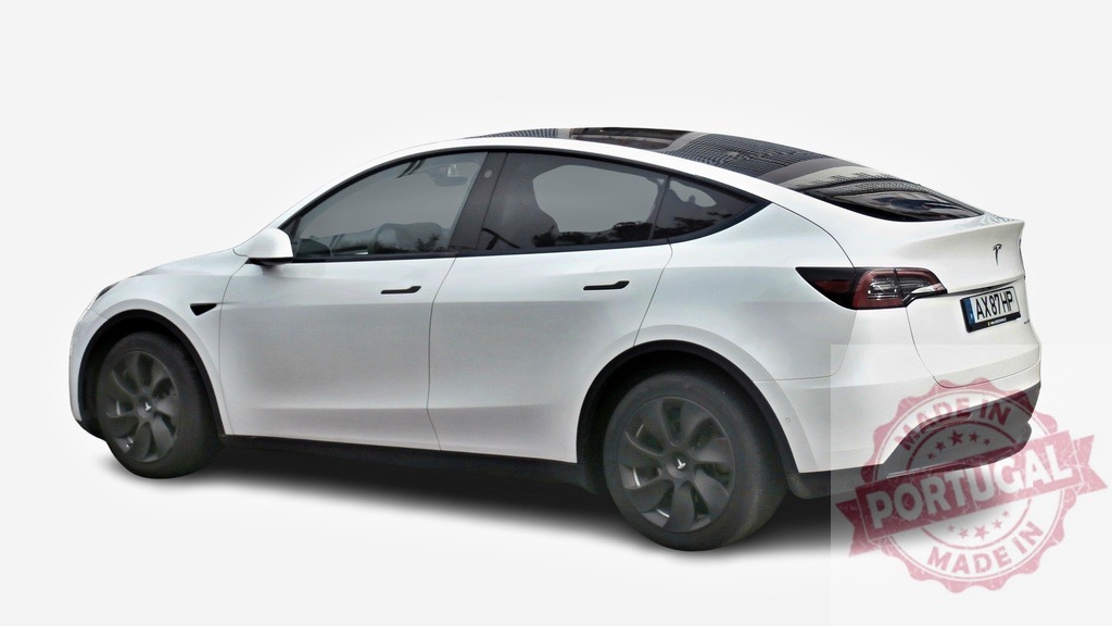 White Tesla Model Y facing left on white background | Modern white Tesla Model Y electric SUV with black rims parked on empty background - Realized with Pictrs.com
