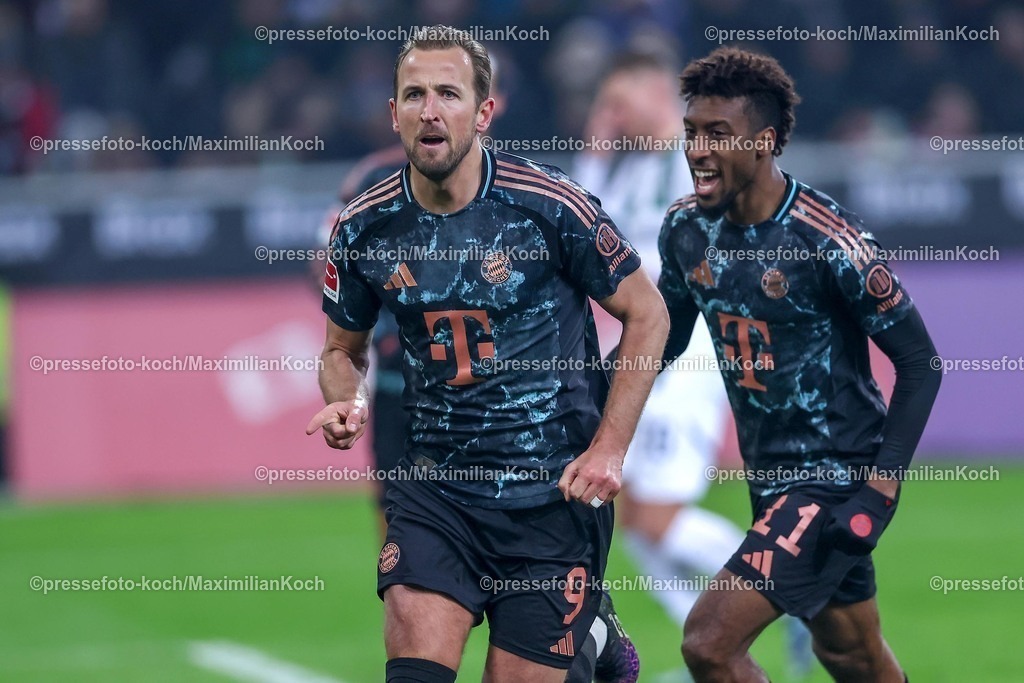 BMG11012501056 | 11.01.2025, Fußball, Borussia Mönchengladbach - FC Bayern München, 1. Fußball Bundesliga, Borussia-Park, Saison 2024 2025: Torjubel nach dem 1:0 durch Elfmeter Tor von Torschütze  Harry Kane (Bayern #9)DFB regulations prohibit any use of photographs as image sequences and or quasi-video.