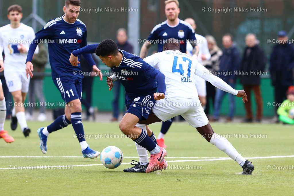 NH_USCPaloma_TuSDassendorf_OberligaHamburg_23022025 | #47 Quincy Adjei (USC Paloma), #23 Jordan Jeremiah Brown (TuS Dassendorf)Fußball I Herren I Gamesright Oberliga Hamburg I Saison 2024-2025 I  24. Spieltag I USC Paloma - TuS Dassendorf I 23.02.2025 I Jonny-Rehbein-Sportplatz