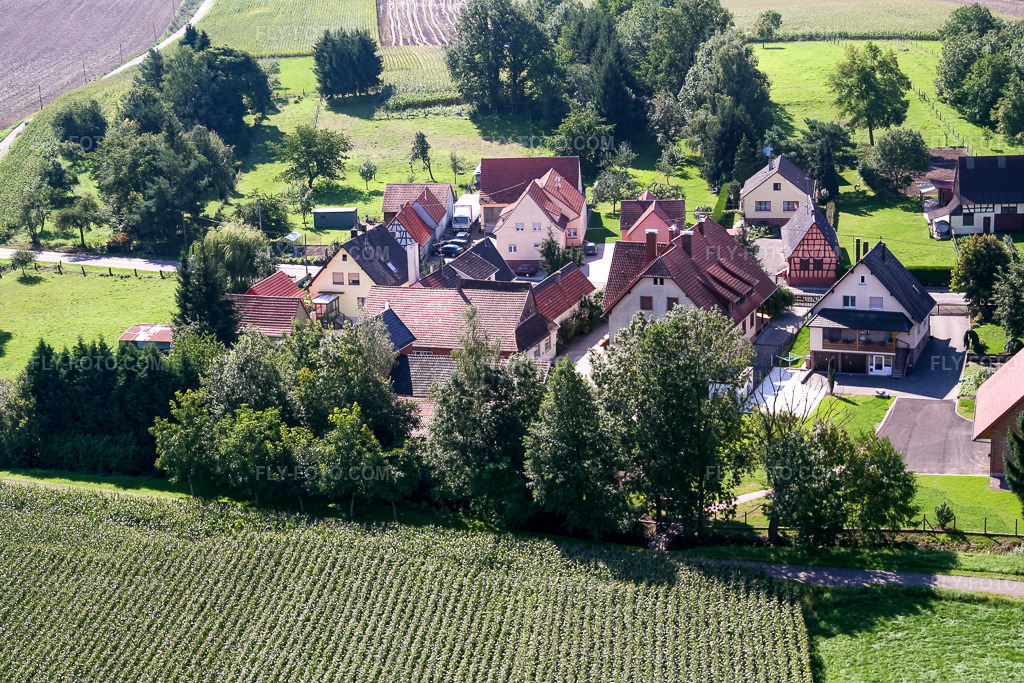 Aerial view: Rue Principale in Niederlauterbach in the state Bas-Rhin, France. – Photo: IMG_3583.jpg taken on 08/31/2006 by Werner Riehm/FLY-FOTO.com – Resolution of the original: 3456 x 2304 px