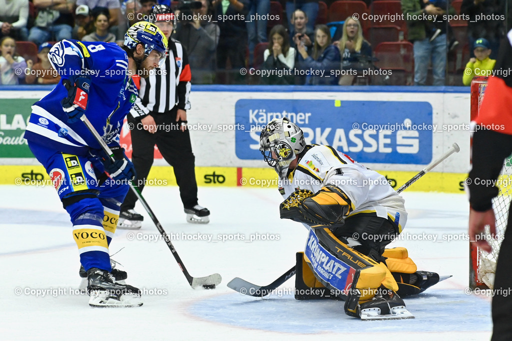 EC IDM Wärmepumpen VSV vs. HC Pustertal 8.10.2023 | #8 REBERNIG Maximilian EC VSV,  #1 SMITH Jacob HC Pustertal, EC IDM Wärmepumpen VSV vs. HC Pustertal 8.10.2023, EC IDM Wärmepumpen VSV vs. HC Pustertal am 08.10.2023 in Villach (Stadthalle Villach), Austria, (Photo by Bernd Stefan)